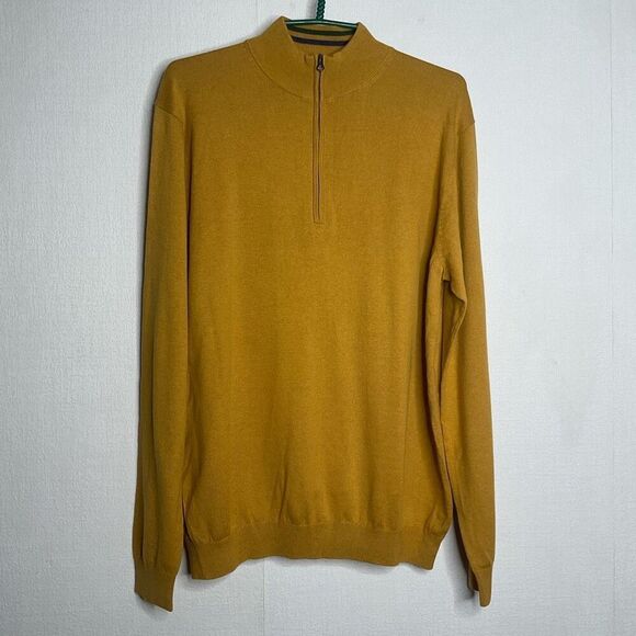 Paul Fredrick Sweater Mens Large Silk Cotton Cashmere 1/4 Zip Pullover Mustard - Picture 7 of 8